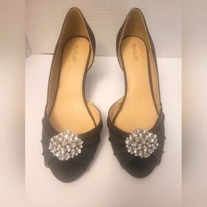 Tevolio Black Peep-Toe Heels with Crystal Brooch